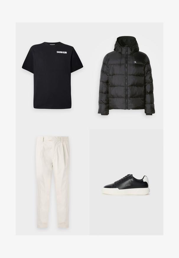 Svart pufferjakke med hette, med glidelås foran, sømdelte paneler, elastiske mansjetter og en liten logo på venstre bryst.; Svart bomulls t-skjorte med rund hals, korte ermer og en hvit "CALVIN KLEIN" logo trykket på øvre venstre side.; Hvite, pregede bukser med skreddersydd passform, som har en jevn tekstur, beltehemper og avsmalnende ben. Ingen synlige lommer eller mønstre.; Svart lær sneakers med hvit gummisåle. Har rund tå, snøring og logo detalj på siden. Bakakcent i hvitt.