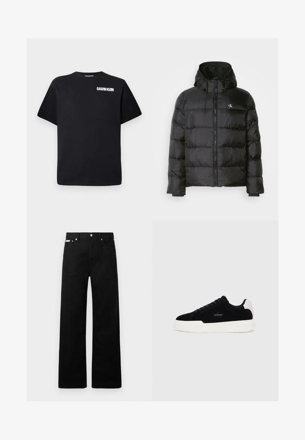 Mustat puffer-jakid, millel on kapuuts, ees on tõmblukk, õmblustel on paneelid, elastsed mansetid ja vasakul rinnal on väike logo.; Must musta T-särk, ümar kaelus, lühikesed varrukad ja valge "CALVIN KLEIN" logo trükitud vasakule ülemisele poole.; Mustadest denimist püksid laiade jalgadega, viie tasku ja metallist nööpidega. Sile tekstuur, nähtavad mustrid puuduvad.; Mustad mustad tossussneaker valge tallaga ja kontsaabiga, nööbid ees, ja Calvin Kleini logo küljel.