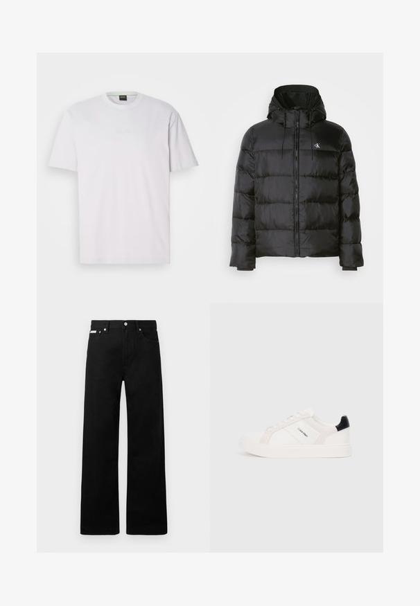 Črna puffer jakna s kapuco, z zadrgo na sprednji strani, šivanimi paneli, elastičnimi manšetami in majhnim logotipom na levi prsni strani.; Bela kratka majica iz bombaža. Ima okrugli izrez in subtilno vezeno "BOSS" logo na sredini. Gladka tekstura.; Črne jeans hlače širokega kroja, z petimi žepi in kovinskimi gumbi. Gladka tekstura, brez vidnih vzorcev.; Beli športni čevlji z svetlo roza in črnimi detajli, ki imajo gladke usnjene in semiš panele, okroglo konico in plitki gumijasti podplat.