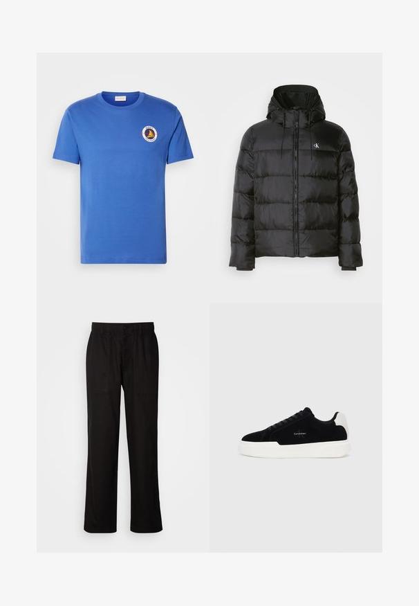 Mustat puffer-jakid, millel on kapuuts, ees on tõmblukk, õmblustel on paneelid, elastsed mansetid ja vasakul rinnal on väike logo.; Sinine puuvillane T-särk lühikeste varrukatega, millel on vasakul rinnal ümmargune logo valge, kollase ja musta värviga. Ümmargune kaelus, tavaline lõige.; Mustad lõdva istuvusega mustad püksid, mis on valmistatud kergest kangast. Omavad elastset vöökohta, nööbiga sulgemist ja kahte esist taskut.; Mustad mustad tossussneaker valge tallaga ja kontsaabiga, nööbid ees, ja Calvin Kleini logo küljel.