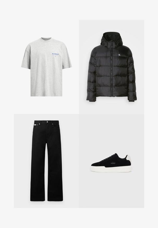 Casaco puffer preto com capuz, apresentando fecho éclair na frente, painéis cosidos, punhos elásticos e um pequeno logotipo no lado esquerdo do peito.; T-shirt de algodão cinza com decote redondo, mangas curtas e um logótipo azul "ALLSAINTS" na área do peito esquerdo. Textura suave, corte descontraído.; Calças de ganga pretas com um design de pernas largas, apresentando cinco bolsos e fechos metálicos. Textura suave, sem padrões visíveis.; Sapatilha preta de cano baixo com sola e aba do calcanhar brancas, com atacadores à frente e logotipo da Calvin Klein na lateral.