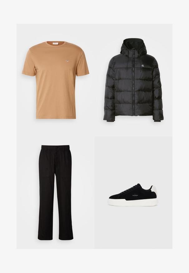 Schwarze Puffjacke mit Kapuze, mit einem Reißverschluss vorne, gesteppten Paneelen, elastischen Bündchen und einem kleinen Logo auf der linken Brust.; GANT PRINTED ARCHIVE SHIELD - T-Shirt basic - roasted walnut; Schwarze Hose mit entspannter Passform, aus leichtem Stoff gefertigt. Verfügt über einen elastischen Bund, einen Knopfverschluss und zwei Fronttaschen.; Schwarze Low-Top-Sneaker mit weißer Sohle und Fersenkappe, Schnürung vorne und Calvin Klein-Logo an der Seite.