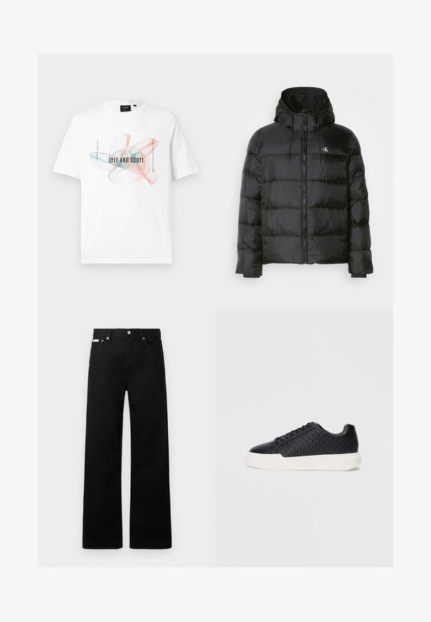 Casaco puffer preto com capuz, apresentando fecho éclair na frente, painéis cosidos, punhos elásticos e um pequeno logotipo no lado esquerdo do peito.; T-shirt de algodão branco com um gráfico colorido em espirais azuis e laranjas, texto centralizado dizendo "LYLE AND SCOTT," com design de gola redonda.; Calças de ganga pretas com um design de pernas largas, apresentando cinco bolsos e fechos metálicos. Textura suave, sem padrões visíveis.; Sapatilha preta com textura geométrica na lateral, biqueira lisa e sola de borracha branca. Apresenta atacadores redondos e um design de cano baixo.
