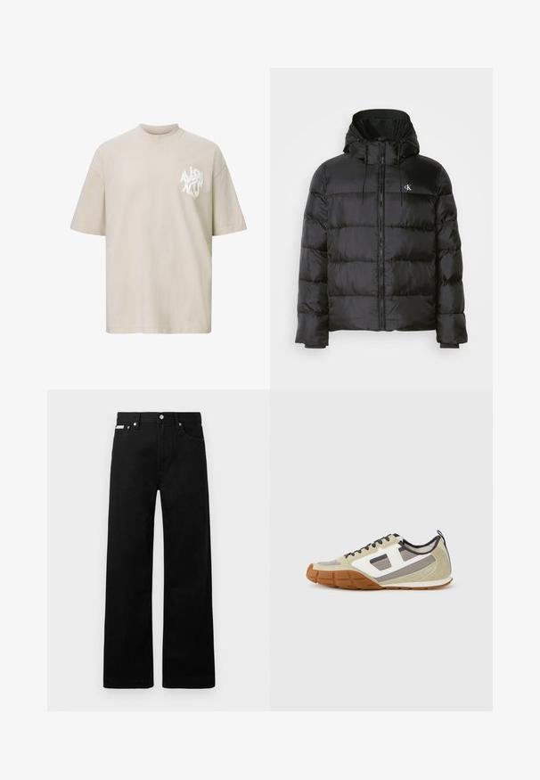 Zwarte pufferjack met een capuchon, voorzien van een ritssluiting aan de voorkant, gestikte panelen, elastische manchetten en een klein logo op de linkerborst.; Beige oversized T-shirt met korte mouwen en een wit abstract tekstlogo op de linkerkant van de borst.; Zwarte spijkerbroek met een wijd uitlopende pasvorm, voorzien van vijf zakken en metallic knopen. Gladde textuur, geen zichtbare patronen.; Athletische sneakers met een beige bovenwerk met grijze en witte accenten, gestructureerd suède en een patroonrubberen zool. Inclusief bruine veters en een treklus.