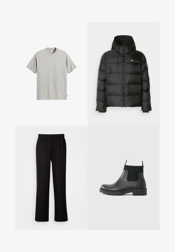 Mustat puffer-jakid, millel on kapuuts, ees on tõmblukk, õmblustel on paneelid, elastsed mansetid ja vasakul rinnal on väike logo.; Halli puuvillane T-särk, millel on ümmargune kaelus, lühikesed varrukad ja rinnal väike valge "Levi's" logo. Lihtne ja sirge lõikega disain.; Mustad lõdva istuvusega mustad püksid, mis on valmistatud kergest kangast. Omavad elastset vöökohta, nööbiga sulgemist ja kahte esist taskut.; Mustad mustadest kummist ankle'ide saapad, millel on matt viimistlus, sujuv disain, elastsed paneelid ja paks tald, mis tagab haarduvuse.