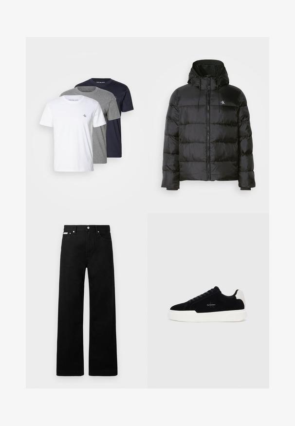 Giacca a vento nera con cappuccio, dotata di chiusura zip frontale, pannelli cuciti, polsini elastici e un piccolo logo sul lato sinistro del petto.; Tre T-shirt a maniche corte in bianco, grigio e blu navy; realizzate in cotone con collo a giro e logo Calvin Klein sul petto.; Pantaloni in denim nero con design a gamba larga, dotati di cinque tasche e hardware in metallo per i bottoni. Texture liscia, senza motivi visibili.; Sneaker nera bassa con suola e linguetta bianca, con lacci sulla parte anteriore e logo Calvin Klein sul lato.