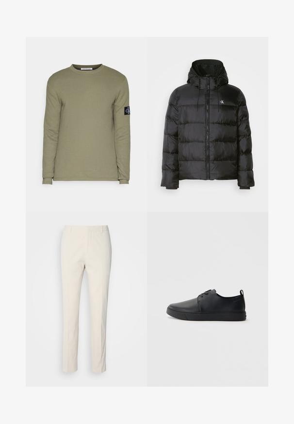 Juodas pūkinis švarkas su kapišonu, su užtrauktuku priekyje, siuvinėtomis panelėmis, elastingomis rankovėmis ir mažu logotipu kairėje krūtinės pusėje.; Alyvuogių žalios ilgomis rankovėmis marškiniai su apvaliu kaklu, pagaminti iš tekstūruotos medžiagos, su juodu pleistru ir baltu logotipu kairėje rankovėje.; Kreminės spalvos pritaikytos kelnės su tekstūruotu audiniu. Pasižymi tiesiomis kojomis, dirželių kilpomis ir dviem priekinėmis kišenėmis. Be raštų.; Juodos odinės sportinės bateliai su lygiu paviršium, suapvalinta nosimi, toniniais siūlais, raištelių užsegimu priekyje ir plokščiu guminiu padu. Kilpelė ant kulno.