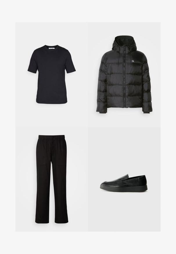 Mustan puffatakki, jossa on huppu, vetoketjukiinnitys, ommellut paneelit, joustavat hihansuut ja pieni logo vasemmassa rinnassa.; Mustat lyhythihaiset t-paidat, jotka on valmistettu pehmeästä kankaasta, pyöreällä kaula-aukolla ja suoran leikkauksen helmalla, ilman kuvioita tai näkyvää brändäystä.; Mustat housut rentoa istuvuutta, valmistettu kevyestä kankaasta. Varustettu elastisella vyötärönauhalla, nappikiinnityksellä ja kahdella etutaskulla.; Calvin Klein HYBRID CUP - Loaferit/pistokkaat - triple black