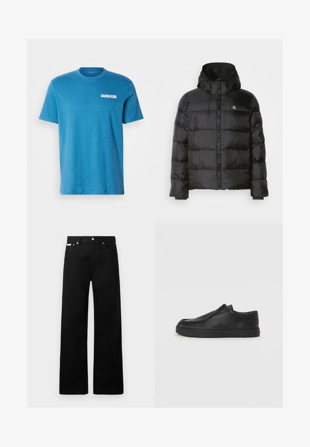 Casaco puffer preto com capuz, apresentando fecho éclair na frente, painéis cosidos, punhos elásticos e um pequeno logotipo no lado esquerdo do peito.; T-shirt de algodão azul com decote redondo, mangas curtas, e um logótipo branco "Calvin Klein" impresso na área esquerda do peito.; Calças de ganga pretas com um design de pernas largas, apresentando cinco bolsos e fechos metálicos. Textura suave, sem padrões visíveis.; Sapata slip-on de couro preto com biqueira arredondada, detalhes cosidos e sola de borracha preta. Textura suave com design minimalista.