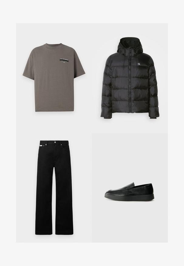 Sort pufferjakke med hætte, med lynlåslukning fortil, syede paneler, elastiske manchetter og et lille logo på venstre bryst.; Grå bomulds T-shirt med blødt rundet udskæring, korte ærmer og et mærket lommeprint med "ALL SAINTS" og yderligere tekst.; Sorte denimbukser med bred ben-design, der har fem lommer og metallisk knapdetalje. Glat tekstur, uden synlige mønstre.; Calvin Klein HYBRID CUP - Loafers - triple black