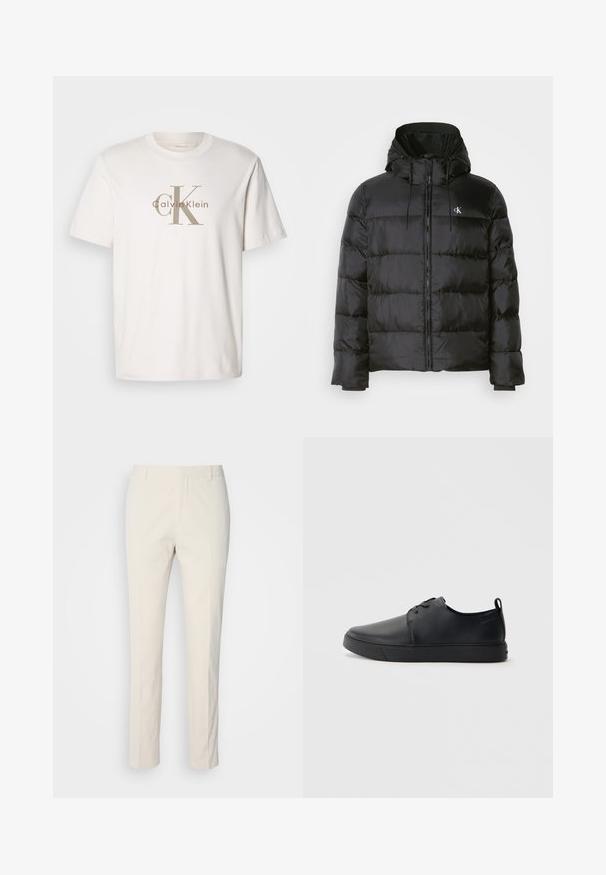 Black puffer jacket with a hood, featuring a zip front, stitched panels, elastic cuffs, and a small logo on the left chest.; White short-sleeve cotton t-shirt with beige "cK Calvin Klein" logo printed across the chest, round neckline, and relaxed fit.; Cream-colored tailored pants with a textured fabric. Features a straight leg design, belt loops, and two front pockets. No patterns.; Black leather sneaker with a smooth finish, rounded toe, tonal stitching, lace-up front, and a flat rubber sole. Loop at the heel.