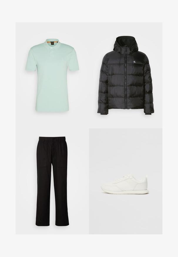 Geacă neagră din puf cu glugă, cu fermoar în față, panouri cusute, manșete elastice și un logo mic pe pieptul stâng.; Polo shirt verde mentă deschis, din bumbac, cu un guler clasic, placket cu două nasturi și un mic logo embosat pe piept.; Pantaloni negri cu o croială lejeră, realizați dintr-un material ușor. Dispun de un tiv elastico, închidere cu nasture și două buzunare frontale.; Tenis alb cu un superior din plasă și material sintetic, vârf rotund, șireturi plate și o dungi texturată pe lateral. Talpă din cauciuc cu un tab la spate.