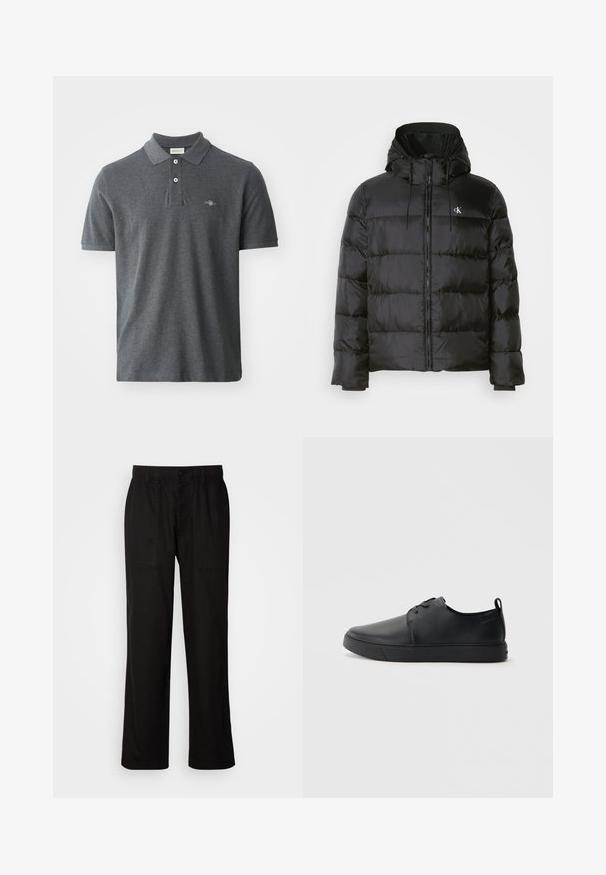 Giacca a vento nera con cappuccio, dotata di chiusura zip frontale, pannelli cuciti, polsini elastici e un piccolo logo sul lato sinistro del petto.; Polo grigio scuro in cotone. Presenta un colletto classico, una patta con tre bottoni, maniche corte e un piccolo logo ricamato sul petto.; Pantaloni neri con vestibilità morbida, realizzati in tessuto leggero. Presentano un elastico in vita, chiusura con bottone e due tasche anteriori.; Sneaker in pelle nera con finitura liscia, punta arrotondata, cuciture tono su tono, chiusura con lacci frontale e suola piatta in gomma. Anello sul tallone.