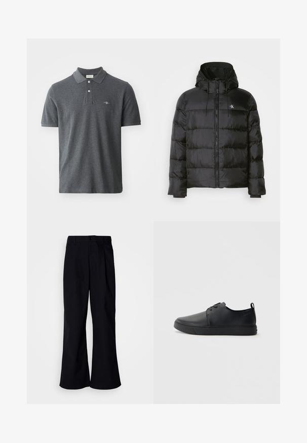 Geacă neagră din puf cu glugă, cu fermoar în față, panouri cusute, manșete elastice și un logo mic pe pieptul stâng.; Polo din bumbac de culoare gri închis. Dispune de un guler clasic, plachetă cu trei nasturi, mâneci scurte și un logo brodat mic pe piept.; Pantaloni negri cu croi larg din bumbac, cu pliuri frontale, dotati cu închidere prin nasture și bucle pentru curea, textura netedă și fără modele vizibile.; Sneakers din piele neagră cu un finisaj neted, vârf rotund, cusături tonale, șireturi în față și o talpă plată din cauciuc. Buclă la călcâi.