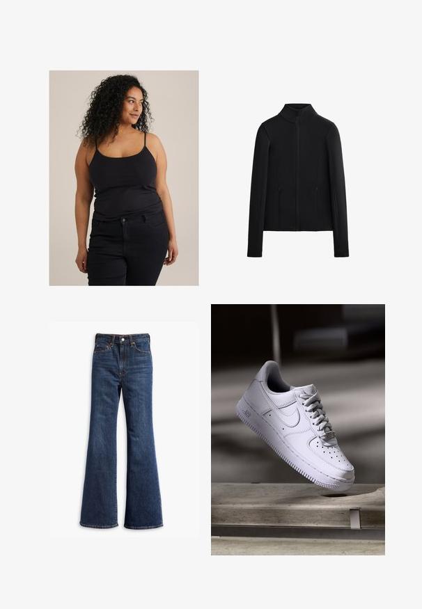 Black jacket made of smooth, stretchy fabric. Features a high collar, full front zipper, and two side zippered pockets. Long sleeves.; Black fitted tank top with thin straps, paired with dark jeans. The fabric appears smooth with a slight stretch. Minimal design and no visible patterns.; High-waisted dark blue denim jeans with flared legs, front button and zipper closure, and five-pocket design.; White Nike Air Force 1 sneaker levitating above a concrete surface with shadows in a minimalist setting.