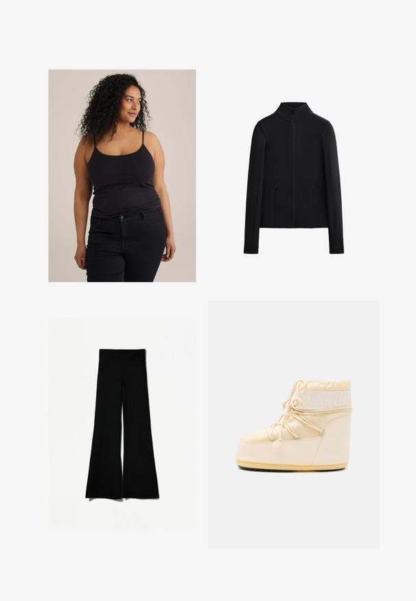 Mustavilla takilla, joka on valmistettu sileästä, joustavasta kankaasta. Ominaisuuksiin kuuluu korkea kaulus, täysi etuvetoketju ja kaksi sivussa olevaa vetoketjullista taskua. Pitkät hihat.; Mustat istuvat hihattomat paidat ohuilla olkaimilla, yhdistetty tummiin farkkuihin. Kangas näyttää sileältä ja siinä on vähäinen venyvyys. Minimalistinen muotoilu ilman näkyviä kuvioita.; Mustat levenevät housut, joissa on leveät lahkeet, sileä pinta ja korkea vyötärö. Valmistettu venyvästä kankaasta mukavuutta varten.; Keenot vaaleanbeige Moon Boot, jossa on pyöreä kärki, nyörityssuljenta ja teksturoitu kumipohja. Varustettu valkoisilla brändäyksillä ja sileillä synteettisillä materiaaleilla.