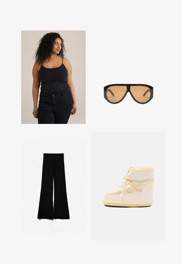 Czarna kurtka wykonana z gładkiego, elastycznego materiału. Posiada wysoki kołnierz, pełny zamek błyskawiczny z przodu oraz dwie boczne kieszenie na zamek. Długie rękawy.; Czarna dopasowana bluzka na ramiączkach z cienkimi paskami, zestawiona z ciemnymi dżinsami. Materiał wydaje się gładki z lekkim rozciągnięciem. Minimalistyczny design i brak widocznych wzorów.; Czarne spódnie w kształcie dzwonów z szeroką nogawką, charakteryzujące się gładką teksturą i wysokim stanem. Wykonane z elastycznego materiału dla zapewnienia komfortu.; Jasnobeżowe buty Moon Boot z zaokrąglonym czubkiem, zaciąganym sznurkiem i teksturowaną gumową podeszwą. Oferują białe logo i gładkie materiały syntetyczne.; Czarne oversize okulary przeciwsłoneczne z brązowymi soczewkami, z szerokimi, kątowymi oprawkami i prostymi ramionami. Gładkie, błyszczące wykończenie, minimalna liczba elementów.