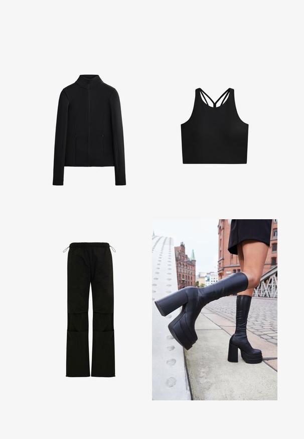 Crna jakna izrađena od glatkog, rastezljivog materijala. Ima visoki ovratnik, cijeli prednji zip i dva bočna džepa na zip. Dugi rukavi.; Crni atletski crop top s glatkom teksturom, s visokim izrezom i dvostrukim ukrštenim trakama na leđima. Jednostavan, funkcionalan dizajn.; Crne, lagane hlače s elastičnim pojasom, podešavanjem pomoću vezice, bočnim džepovima i ravnim krojem. Glatka tekstura.; Crne čizme do koljena na platformu od glatke kože, s debelim kvadratnim potpeticama i modernim dizajnom, postavljene u gradskoj pozadini.