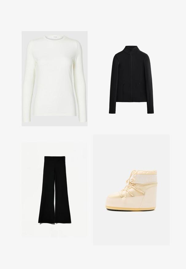 Crna jakna izrađena od glatkog, rastezljivog materijala. Ima visoki ovratnik, cijeli prednji zip i dva bočna džepa na zip. Dugi rukavi.; Duguljasta bijela majica dugih rukava napravljena od mekog materijala s okruglim izrezom, s glatkom teksturom i prilagođenim krojem. Nema vidljivih uzoraka ili akcenata.; Crne trapezaste hlače s širokim krojem, s glatkom teksturom i visokim strukom. Izrađene od rastezljivog materijala za udobnost.; Svijetlo bež Moon Boot s okruglim vrhom, zatvaranjem na vezicu i teksturiranim gumenim potplatom. Sadrži bijelo brendiranje i glatke sintetičke materijale.