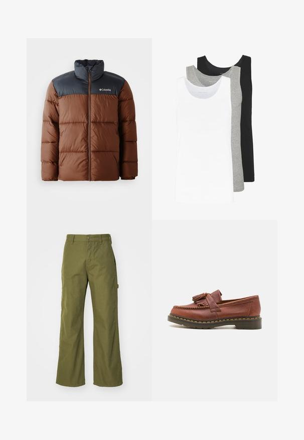 Bruine en donkergrijze gewatteerde jas met een hoge kraag, rits aan de voorkant en een logo op de borst; voorzien van doorgestikte delen voor isolatie.; Drie tanktops in wit, grijs en zwart. Elke tanktop heeft een klassiek mouwloos ontwerp, gemaakt van lichtgewicht katoen met een ribbelstructuur.; Olijfgroene wijde broek van duurzaam materiaal, met een knoopsluiting, zijzakken en een rechte zoom.; Bruine leren mocassin met franjeraccenten, een gestructureerd oppervlak en contrasterende gele stiksels langs de zwarte rubberen zool. Zijaanzicht.