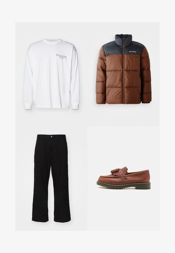 Bruine en donkergrijze gewatteerde jas met een hoge kraag, rits aan de voorkant en een logo op de borst; voorzien van doorgestikte delen voor isolatie.; Witte lange mouwen t-shirt van katoen, uitgerust met een klein, textuur grijs logo op de linkerkant van de borst. Gewone pasvorm met ribgebreide manchetten.; Zwarte wijde broek gemaakt van een katoenmix, met een knoopsluiting en een recht model met minimaal zichtbare stiksels.; Bruine leren mocassin met franjeraccenten, een gestructureerd oppervlak en contrasterende gele stiksels langs de zwarte rubberen zool. Zijaanzicht.