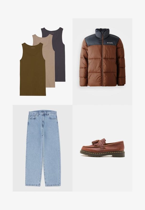 Brown and dark gray padded jacket with a high collar, zip front, and logo on the chest; features quilted sections for insulation.; Set of three tank tops in olive green, beige, and dark gray. Made from textured fabric with a ribbed design and scoop necklines.; Light blue denim jeans with straight leg design, featuring a mid-rise waist, five pockets, and a button and zipper closure.; Brown leather moccasin with tassel accents, textured surface, and contrasting yellow stitching along the black rubber sole. Side view.