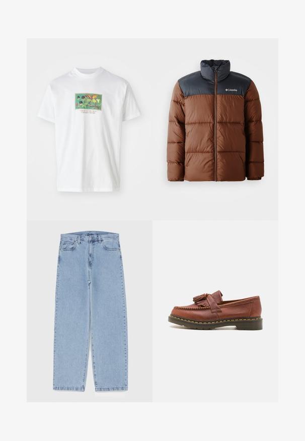 Braune und dunkelgraue gepolsterte Jacke mit hohem Kragen, Reißverschluss vorne und Logo auf der Brust; verfügt über gesteppten Einsätze zur Isolierung.; Weißes Baumwoll-T-Shirt mit einem bunten, illustrierten Grafik von Pflanzen und Früchten. Der Text darunter lautet "CREAM OF THE CROP CARHARTT WIP 1989."; Hellblaue Jeans aus Denim mit geradem Bein, ausgestattet mit einer mittelhohen Taille, fünf Taschen sowie einem Knopf- und Reißverschluss.; Braune Leder-Mokassins mit Quastenakzenten, strukturierten Oberflächen und kontrastierenden gelben Nähten entlang der schwarzen Gummisohle. Seitenansicht.