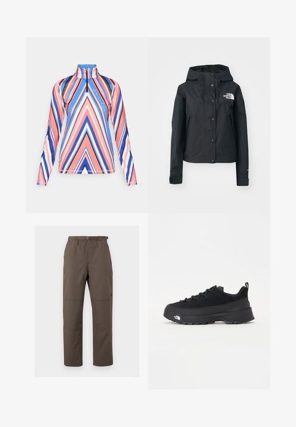 Črna vodoodporna jakna z odstranljivim pokrovom, zapiranjem na gumb in logotipom na prsih. Ima stranske žepe in skrajšan kroj.; Polo z dolgimi rokavi s polovičnim zadrgo v svetlo roza, modrih in črnih geometrijskih črtah, z visokim ovratnikom in mehkimi, raztegljivimi materiali.; Rjave športne hlače za zunanje nošenje z elastiko v pasu in nastavljivim pasom. Imajo šive na panelih in ravno obliko. Trajna tkanina.; Črne zunanje teniske s zgornjim delom iz usnja z nubukom, teksturiranim gumijastim podplatom in trdnim vezalnim sistemom. Imajo ojačan petni del in logotip blagovne znamke na strani.