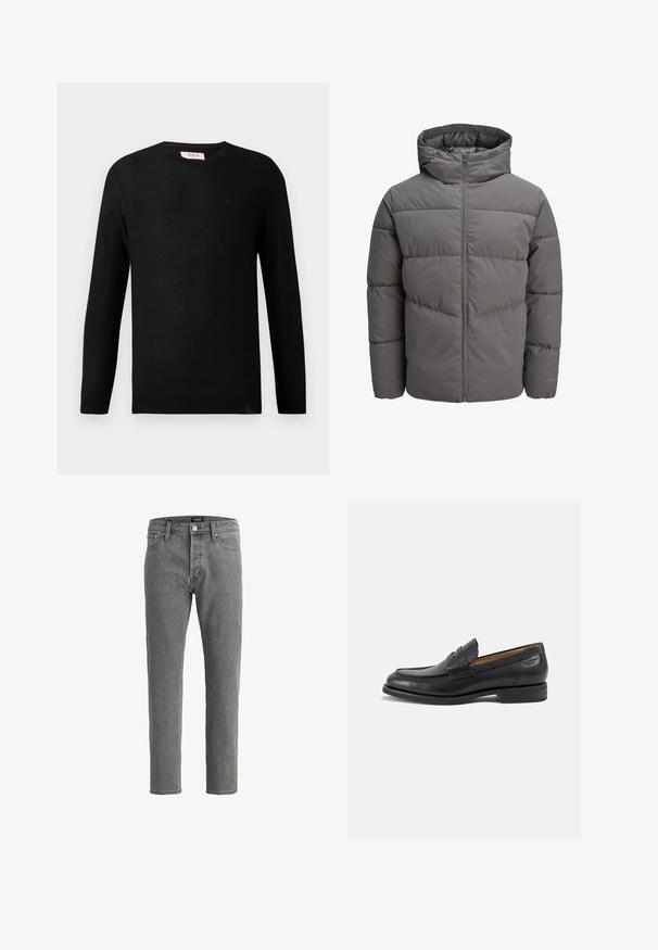Szürke pufferek jellegű kabát kapucnival, teljes hosszúságú cipzárral, steppelt mintázattal és sima, enyhén fényes felülettel.; Fekete kötött pulóver hosszú ujjakkal és kerek nyakkal. Finom textúra és kis logó részlet a mellkason. Klasszikus és sokoldalú dizájn.; Szürke farmernadrág egyenes szabással, öt zsebbel és fém gombbal záródik. Az anyag puha, strukturált felületű.; Fekete bőr loaferek sima felülettel, lekerekített orral és díszítő varrással a lábfejen. Alacsony, réteges sarkú és enyhe fényű.