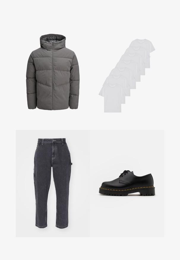 Harmaa puhallettu takki hupulla, jossa on täysimittainen vetoketju, tikattu muotoilu ja sileä, hieman kiiltävä pinta.; Valkoiset puuvillapaidat, lyhyet hihat, pyöreä kaula-aukko, yksinkertainen pinta, pinottuina riviin, jossa on hienoinen brändäys kaula-aukossa.; Tummanharmaat farkkukankaiset cargo-housut, joissa on suora lahje, sivutaskut ja kontrastiväriset ompeleet.; Musta nahkainen nauhakenkä, jossa on pyöreä kärki, kuvioitu kumipohja ja keltaiset tikit ympäri pohjaa. Litteä muotoilu ja sileä pinta.