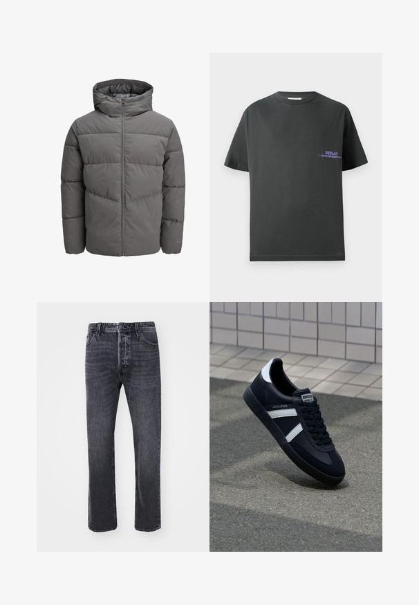 Siva pufasta jakna s kapuco, ki ima celotno dolžino zadrge, kviltano zasnovo in gladko, rahlo sijočo teksturo.; Temno siva bombažna majica z okroglo ovratnikom. Ima majhen vijoličen tisk na levem prsnem predelu, ki pravi "REPLAY". Kratke, ravne rokave.; Črne kavbojke iz denima s ravnim krojem, ki vključujejo pet žepov, gumbasto zapiranje in rahlo bledenje na tkanini.; Črne usnjene superge z belimi črtami, teksturiran gumijast podplat in zavezovanje spredaj. Imajo označeno oznako na ježku.