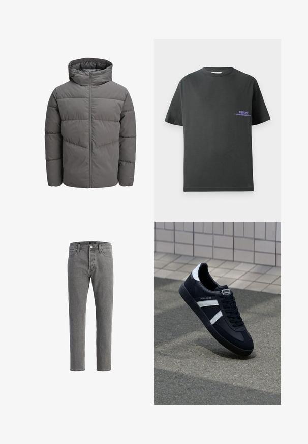 Grå pufferjakke med hette, med glidelås i full lengde, quiltet design og en glatt, litt glinsende tekstur.; Mørkegrå bomulls t-skjorte med rund hals. Har et lite lilla trykk på venstre bryst med teksten "REPLAY." Korte, rette ermer.; Grå denimjeans med rett snitt, fem lommer og metallknapp. Stoffet har en myk, teksturert overflate.; Sorte lærersneaker med hvite striper, teksturert gummihæl og snøring foran. Har et merketikett på tungen.