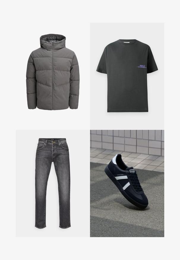 Šedá pufovaná bunda s kapucí, s plným zipem, prošívaným designem a hladkým, mírně lesklým povrchem.; Tmavě šedé bavlněné tričko s kulatým výstřihem. Na levé straně hrudi se nachází malý fialový potisk s nápisem "REPLAY". Krátké, rovné rukávy.; Tmavě šedé džíny z denimu se rovný střih, klasický design se pěti kapsami a jemným vyblednutím. Uzávěr na kovový knoflík a zip.; Černé kožené tenisky s bílými pruhy, texturovanou gumovou podrážkou a šněrováním vpředu. Obsahují značenou etiketu na jazyku.