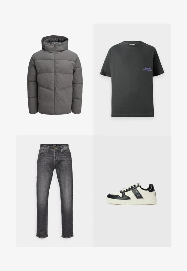 Siva pufasta jakna s kapuco, ki ima celotno dolžino zadrge, kviltano zasnovo in gladko, rahlo sijočo teksturo.; Temno siva bombažna majica z okroglo ovratnikom. Ima majhen vijoličen tisk na levem prsnem predelu, ki pravi "REPLAY". Kratke, ravne rokave.; Temno sive hlače iz denima ravnega kroja, z klasičnim pet-im pockets dizajnom in subtilnim bledežem. Zaklepanje z metalnim gumbom in zadrgo.; Usnjeni športni čevlji z črno in krem barvno shemo, ki vključujejo perforirane dodatke, podložen ovratnik in strukturirano podplat.