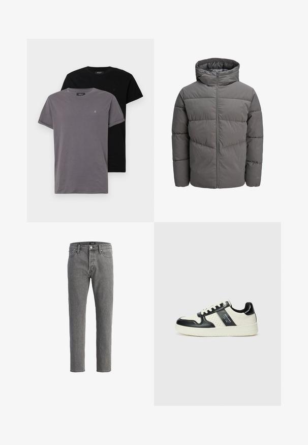 Pilkas pūkinis švarkas su gobtuvu, turintis užtrauktuką per visą ilgį, siuvinėtas dizainas ir lygus, šiek tiek blizgus paviršius.; Du grąžtinis marškinėliai; vieni pilki, kiti juodi. Abu pagaminti iš minkštos medvilnės ir turi suktas rankoves su mažu logotipu ant krūtinės.; Pilkos džinsinės kelnės su tiesiu kirpimu, penkių kišenių dizainu ir metaliniu mygtuko užsegimu. Audinys turi švelnų, tekstūruotą paviršių.; Odiniai sportbačiai juodos ir kreminės spalvų schemoje, su perforuotais akcentais, paminkštinta apykakle ir tekstūruotu padu.