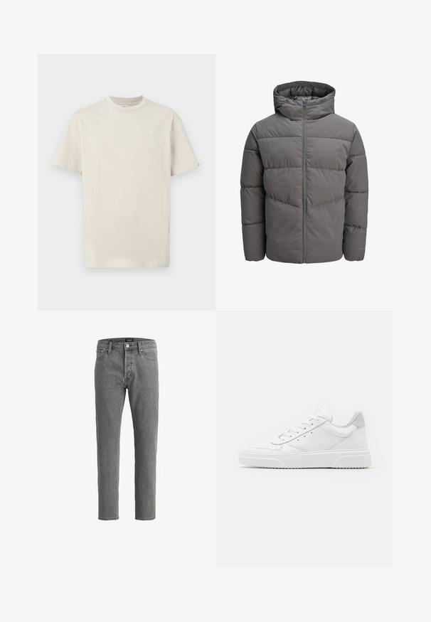 Šedá nafukovacia bunda s kapucňou, ktorá má zips po celej dĺžke, prešívaný dizajn a hladkú, mierne lesklú textúru.; Svetlo béžové bavlnené tričko s okrúhlym výstrihom, krátkymi rukávmi a malou vyšívanou značkou na hrudi. Jednoduchý, klasický strih.; Sivé denimové nohavice so strihom rovného strihu, dizajnom s piatimi vreckami a kovovým zapínaním. Tkanina má jemný, štruktúrovaný povrch.; Biele kožené tenisky s hladkým povrchom, zaoblenou špičkou, plochými šnúrkami a textúrovanou podrážkou. Sivý semišový akcent na päte.