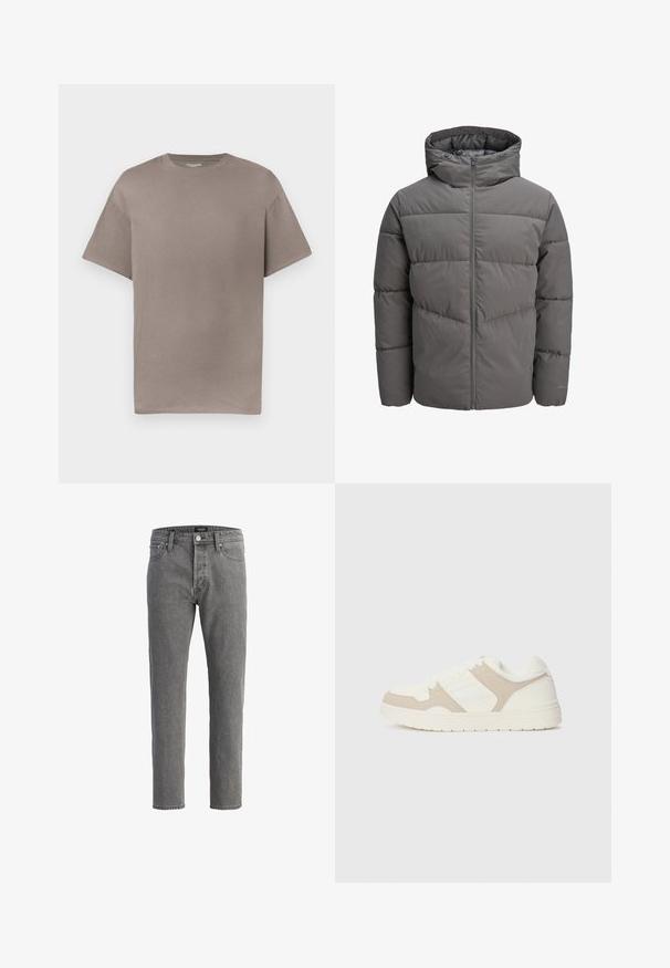 Hall puffer jope, millel on kapuuts, täispikk tõmblukk, tikandmuster ja sile, veidi läikiv tekstuur.; Mugav laiem lõikega lühikeste varrukatega T-särk neutraalses taupe värvitoonis, esitlemisel valge tausta ees.; Halli denim teksad sirge lõikega, viie taskuga kujundus ja metallist nööbiga sulgemine. Kangas on pehme ja tekstuurse viimistlusega.; Valge ja beež treeningjalats, millel on sujuvad ja sametised tekstuurid, ümar varvas, lukk nööbid ja tasane kummist tald.