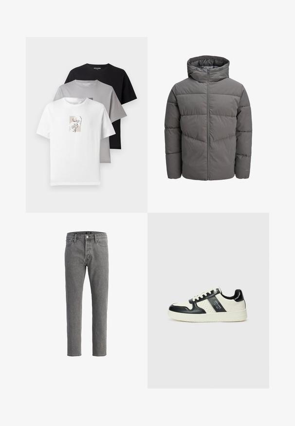 Grå oppustelig jakke med hætte, der har en fuld længde lynlås, quiltet design og en glat, let skinnende tekstur.; Tre t-shirts i hvid, grå og sort. Kortærmede, rund halsudskæring. Hvid skjorte har et diskret grafisk design af kranier. 100% bomuldsstof.; Grå denim jeans med lige pasform, fem-lomme design og metalknap lukning. Stoffet har en blød, struktureret overflade.; Lædersneakers i sort og creme farveskema, med perforerede detaljer, en polstret krave og en struktureret ydersål.