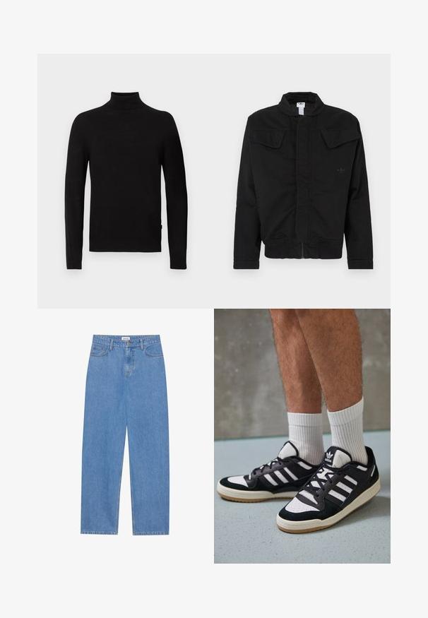 Crna jakna od izdržljivog tkanina, s visokim ovratnikom, dva prednja džepa s preklopom, rebrastim manšetama i suptilnim logotipom brenda na prsima.; Crni dugi rukav turtleneck pulover s rebrastim ovratnikom, manžetama i rubom, prikazan protiv bijele pozadine.; Svijetloplave traperice ravnog kroja, s dizajnom od pet džepova, zatvorenjem na jedan gumb i suptilnim detaljima šivanja na šavovima.; Crne i bijele tenisice s gornjim dijelom od antilopa i kože, s tri bijele pruge, perforiranim prstom i gumiranim potplatom.