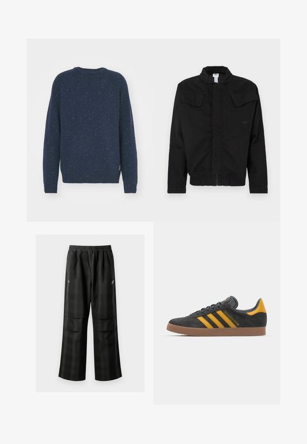 Jaqueta preta feita de tecido durável, com gola alta, dois bolsos frontais com aba, punhos canelados e logo da marca discreto no peito.; Carhartt WIP ANGLISTIC - Camisola - air force blue; Calças pretas em padrão xadrez com cintura elástica, dois bolsos frontais e um ajuste solto com design de perna reta. Feitas de material leve.; Tenis em camurça preta com detalhes amarelos, apresentando três riscas e uma sola de borracha castanha. Inclui uma língua acolchoada para maior conforto.