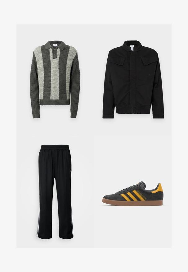 Črna jakna iz trpežnega materiala, z visokim ovratnikom, dvema sprednjima žepoma z zaponkami, rebrastimi manšetami in subtilnim logotipom blagovne znamke na prsih.; Pletena polo majica v sivi in svetlo zeleni barvi z teksturiranim vzorcem. Ponaša se z ovratnikom in tremi gumbi ter rebrastimi manšetami in spodnjim robom.; Črne atletske hlače z elastičnim pasom, ki imajo bele stranske črte in majhen logo. Material izgleda mehak in lahek.; Črne semiš tene z rumenimi akcenti, ki vsebujejo tri trakove in rjavo gumo podplat. Vključujejo oblazinjeno jezik za udobje.