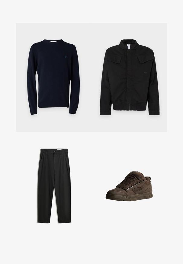 Musta takki kestävästä kankaasta, jossa on korkea kaulus, kaksi etutaskua läpällä, resorit hihansuuissa ja hillitty brändin logo rinnassa.; Tummansininen neulepusero, jossa on pitkät hihat, pyöreä pääntie ja pieni logo rinnassa. Sileä rakenne ja vartalonmyötäinen muotoilu.; Mustat puuvillahousut rentoa mallia, joissa on klassinen vyötärö, etukangastukset ja sivutaskut. Sileä pinta ilman kuvioita.; Ruskeat urheilukengät, jotka on valmistettu sileästä synteettisestä materiaalista. Varustettu paksuilla nauhoilla, verkko-akkenteilla, pehmustetulla nilkkasaumalla ja teksturoidulla kumipohjalla.