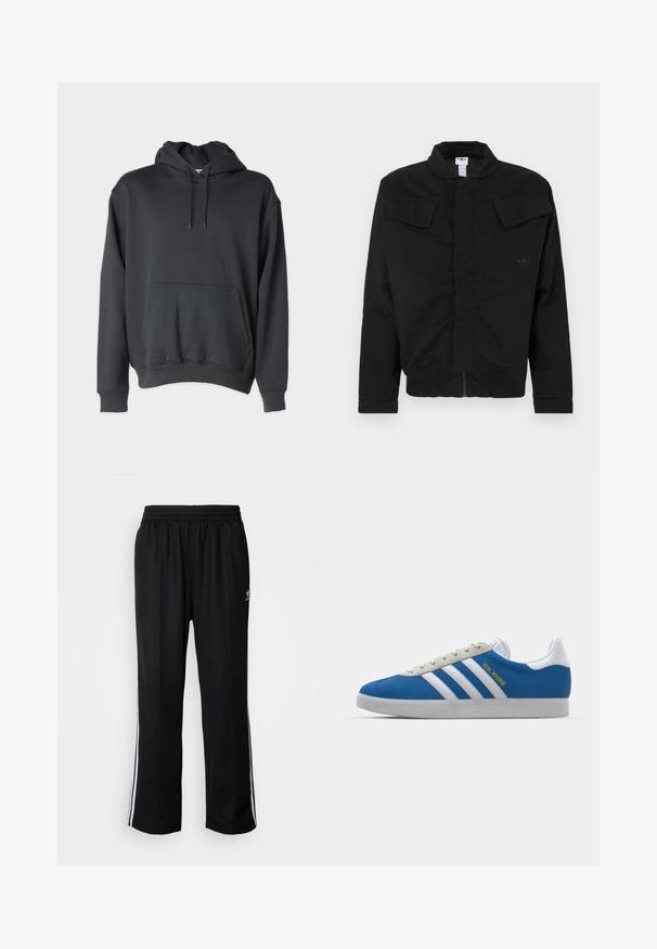 Crna jakna od izdržljivog tkanina, s visokim ovratnikom, dva prednja džepa s preklopom, rebrastim manšetama i suptilnim logotipom brenda na prsima.; Tamno siva dukserica od mekane tkanine, s prednjim džepom, svezicama na kapuljači i rebrastim završecima na rukavima i donjem rubu.; Crne sportske hlače s elastičnom trakom oko struka, s bijelim bočnim prugama i malim logotipom. Materijal izgleda mekan i lagan.; adidas Originals ADIDAS GAZELLE SHOES - Dvoranske nogometne kopačke - real madrid/bluebird/footwear white/crew yellow
