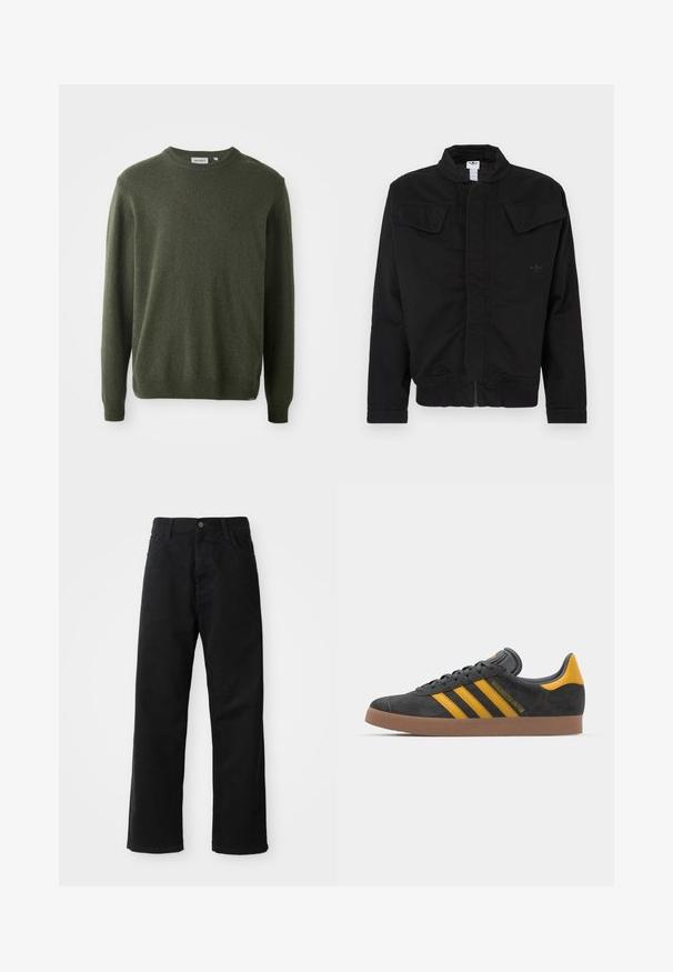 Giacca nera realizzata in tessuto resistente, caratterizzata da un colletto alto, due tasche con pattina frontali, polsini a costine e un logo del marchio discreto sul petto.; Maglione verde scuro, collo rotondo, maniche lunghe, polsini e orlo a coste, texture morbida, design semplice, senza pattern o decorazioni visibili.; Pantaloni in denim nero con taglio dritto, caratterizzati da tasche frontali, chiusura con zip e un singolo bottone superiore. Tessuto testurizzato con finitura opaca.; Sneaker in suede nero con dettagli gialli, dotato di tre strisce e una suola in gomma marrone. Include una linguetta imbottita per il comfort.