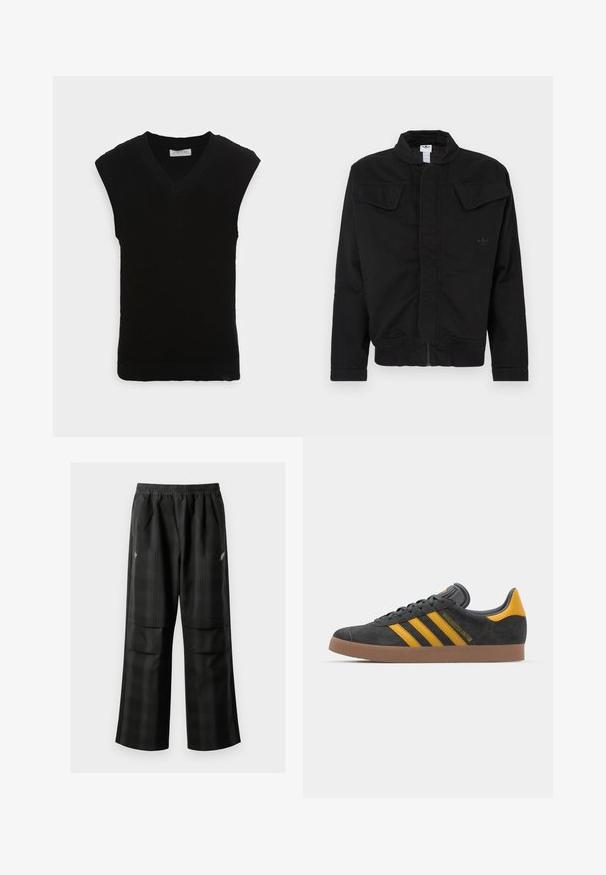 Geacă neagră din material rezistent, cu guler înalt, două buzunare frontale cu clape, manșete striate și logo discret al mărcii pe piept.; Vest negru fără mâneci, tricotat, cu un decolteu în V și textură cu nervuri, având un tiv neted și fără alte embellishments.; Pantaloni cu un model carourile negre, având talie elastică, două buzunare frontale și un croi lejer cu picioare drepte. Construiți dintr-un material ușor.; Tenisi negri din suede cu accente galbene, având trei dungi și o talpă din cauciuc maroniu. Include un limba căptușită pentru confort.