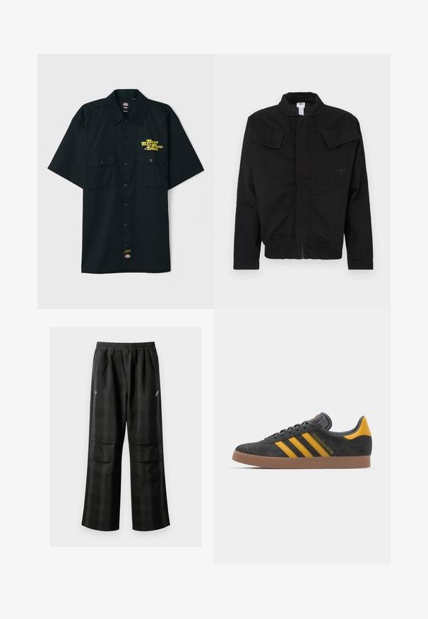 Črna jakna iz trpežnega materiala, z visokim ovratnikom, dvema sprednjima žepoma z zaponkami, rebrastimi manšetami in subtilnim logotipom blagovne znamke na prsih.; Črna majica kratkih rokavov s ovratnikom, dvema sprednjima žepoma in rumenim napisim "Najboljša slaba hrana v mestu." Ima oznako blagovne znamke.; Črne karirane hlače z elastičnim pasom, dvema sprednjima žepoma in ohlapnim krojem s pravimi nogavicami. Narejene so iz lahke tkanine.; Črne semiš tene z rumenimi akcenti, ki vsebujejo tri trakove in rjavo gumo podplat. Vključujejo oblazinjeno jezik za udobje.