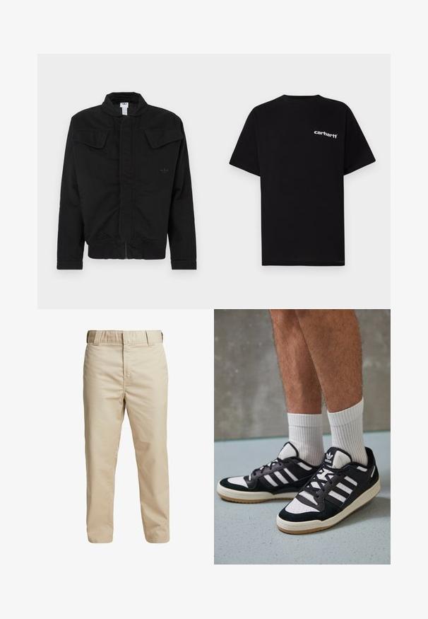 Black jacket made of durable fabric, featuring a high collar, two front flap pockets, ribbed cuffs, and subtle brand logo on the chest.; Black cotton t-shirt with short sleeves, crew neckline, and white "Carhartt" logo on the left chest. Smooth texture, minimal design.; Beige cotton trousers with a slim fit, straight legs, and belt loops; smooth texture and minimalistic design without visible accents.; Black and white sneakers with a suede and leather upper, featuring three white stripes, a perforated toe, and a gum rubber sole.
