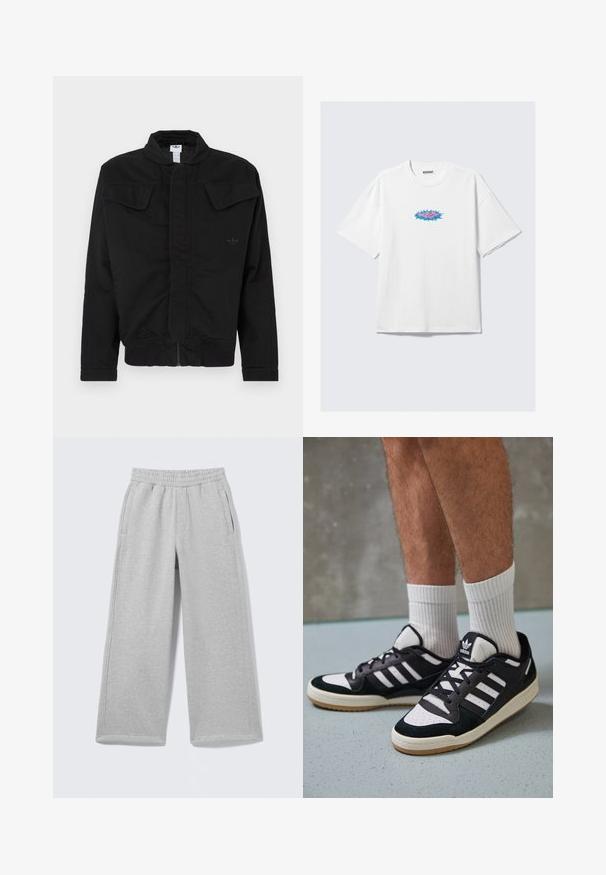 Svart jakke laget av slitesterkt stoff, med høy krage, to frontlommer med klaffer, ribbekanter på ermene og diskret merkevarelogo på brystet.; Hvit bomulls t-skjorte med oversized passform, med et fargerikt grafisk design i rosa og blå på forsiden. Rund hals, korte ermer.; Lys grå bomullssweatpants med elastisk midjebånd, to sidelommer og vid ben-design. Myk tekstur og enkle søm detaljer.; Sorte og hvite sneakers med overdel i semsket skinn og lær, med tre hvite striper, perforert tå og en såle av gummi.