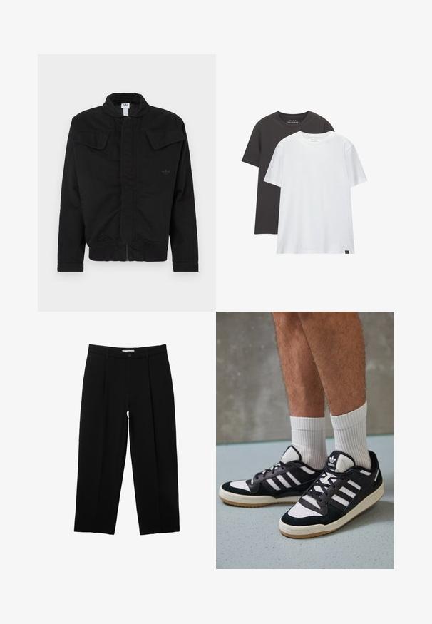 Crna jakna od izdržljivog tkanina, s visokim ovratnikom, dva prednja džepa s preklopom, rebrastim manšetama i suptilnim logotipom brenda na prsima.; Dva obična T-majica: jedna crna i jedna bijela, izrađene od mekog pamuka. Obje imaju okrugli izrez i kratke rukave bez uzoraka.; PULL&BEAR DARTED - Hlače - black; Crne i bijele tenisice s gornjim dijelom od antilopa i kože, s tri bijele pruge, perforiranim prstom i gumiranim potplatom.