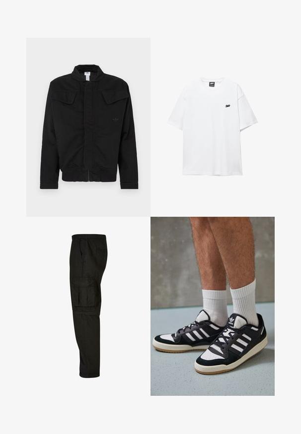 Tartós anyagból készült fekete dzseki, magas gallérral, két első zsebfedéllel, bordázott mandzsettákkal és finom márkajelzéssel a mellrészen.; Fehér pamut póló rövid ujjakkal, kerek nyakkal és egy kis fekete logóval a mellkasán. Simá szövet és laza fazon.; Fekete cargo nadrág, laza szabással, rugalmas derékkal, oldalsó zsebekkel és egy nagy cargo zsebbel a combon. Puha, könnyű anyag.; Fekete-fehér tornacipők velúr és bőr felsőrésszel, három fehér csíkkal, perforált orral és gumi talppal.